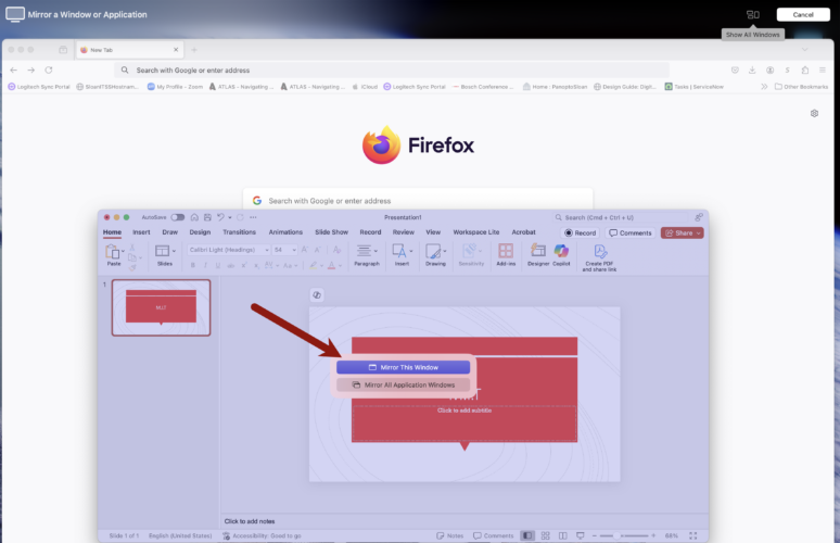 Screenshot of powerpoint hovered over with an arrow pointing towards mirror this windown